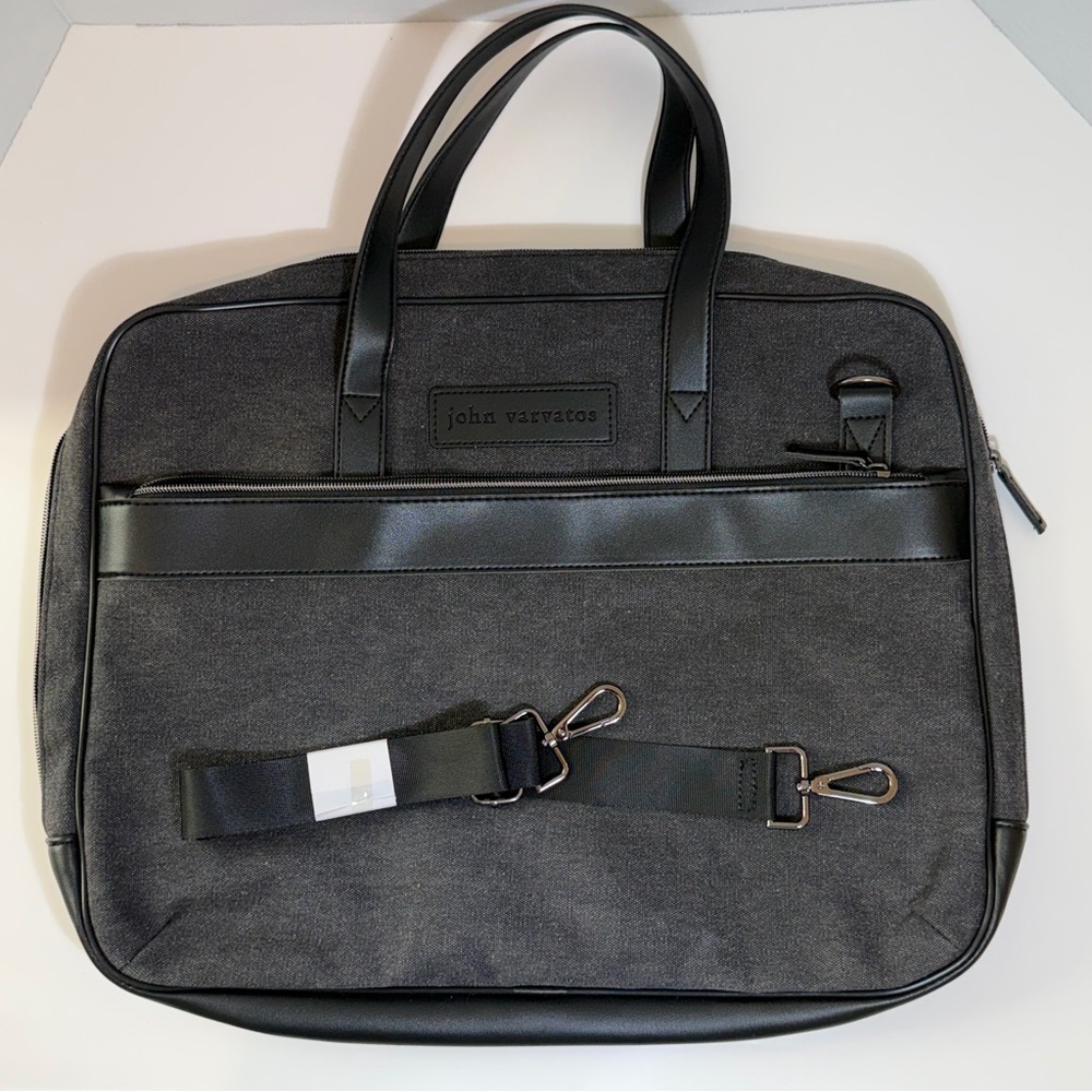 John Varvatos Canvas Tote Lightweight Laptop Messenger Bag Vegan Leather Trim